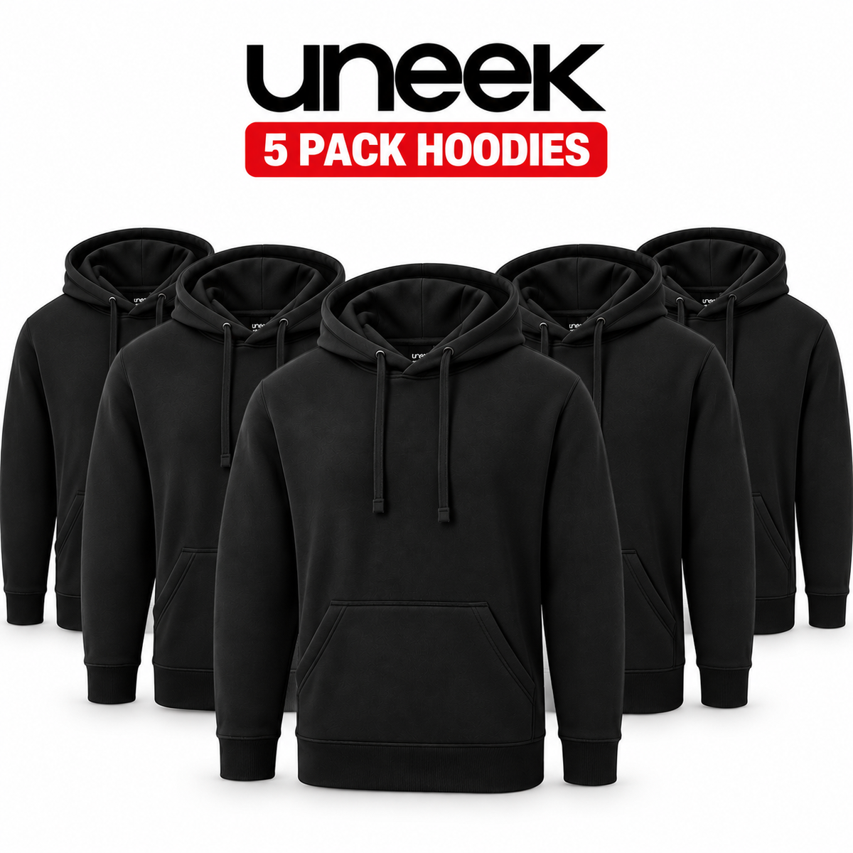 Five black pullover hoodies arranged in a fan layout on a white background, with the text 'uneek' and '5 PACK HOODIES' above them.