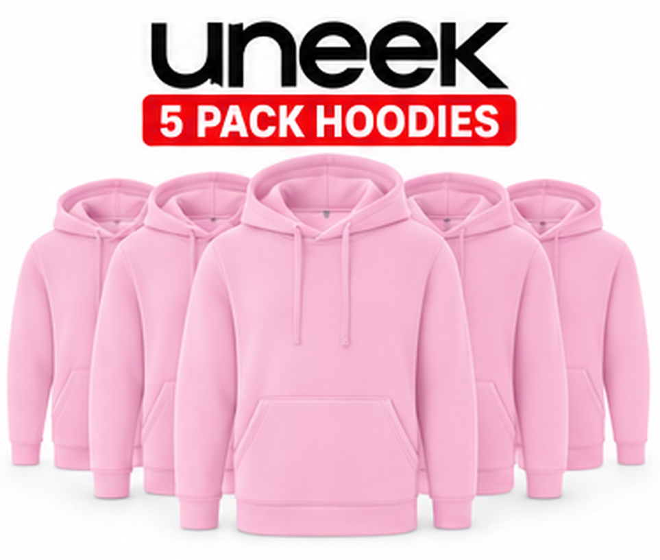 Five pink pullover hoodies arranged in a row on a white background, with a red and black 'uneek 5 PACK HOODIES' label above them.