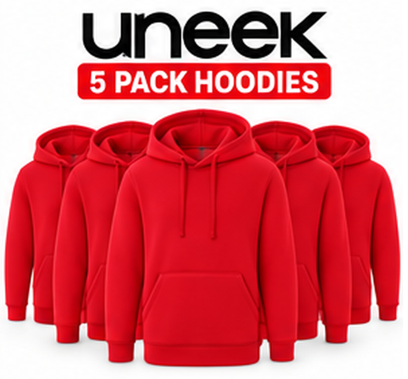 Five red pullover hoodies arranged in a row on a white background, with the text 'uneek' and '5 PACK HOODIES' above them.