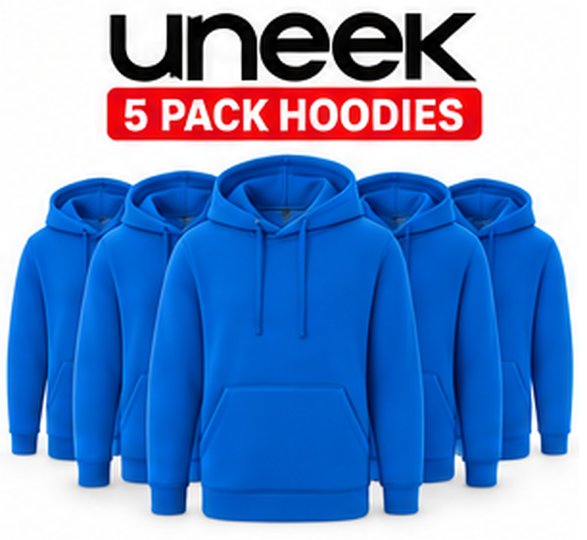 Five bright blue pullover hoodies arranged in a fan shape on a white background, with the text 'uneek' and '5 PACK HOODIES' above them.