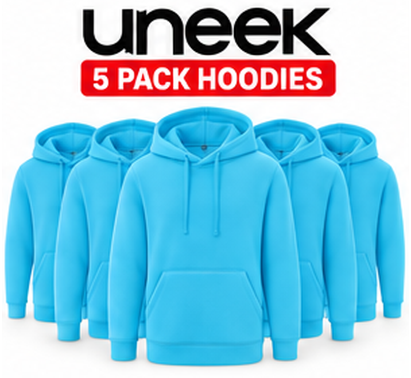 Five bright blue pullover hoodies arranged in a row on a white background, with a red banner above reading '5 PACK HOODIES' and the brand name 'uneek' in black above that.