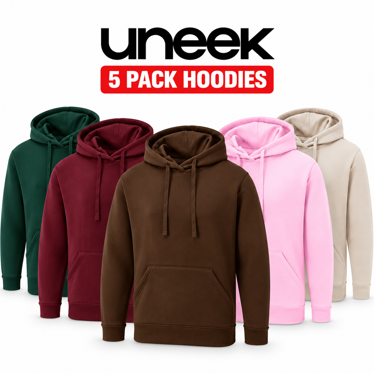 Five hoodies in different colors are shown against a white background with the text 'uneek 5 PACK HOODIES' at the top. The hoodies are in dark green, burgundy, brown, light pink, and beige.