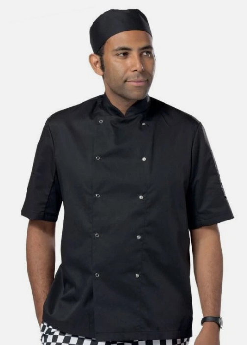 Man wearing a black chef's coat on a white background