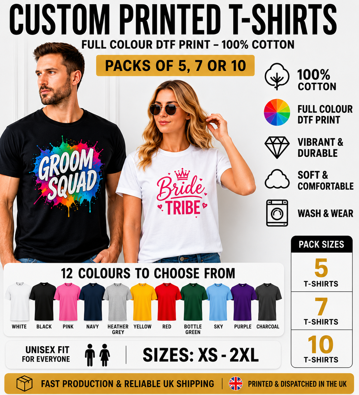Custom Printed T-Shirts Personalised DTF Print 100% Cotton XS-2XL Pack 5,7 Or 10