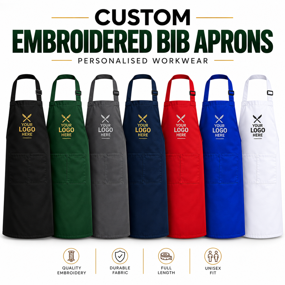 Six customizable bib aprons in different colors (black, green, gray, navy, red, white) lined up horizontally on a white background, featuring the text 'CUSTOM EMBROIDERED BIB APRONS' at the top and feature icons at the bottom.
