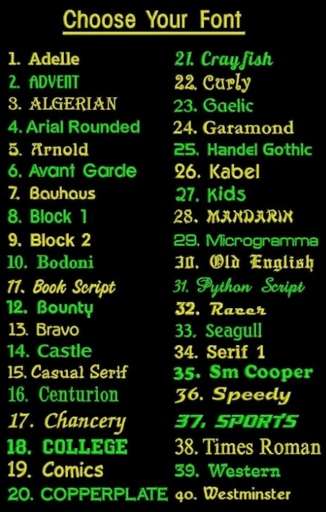 List of font names with numbers on a black background