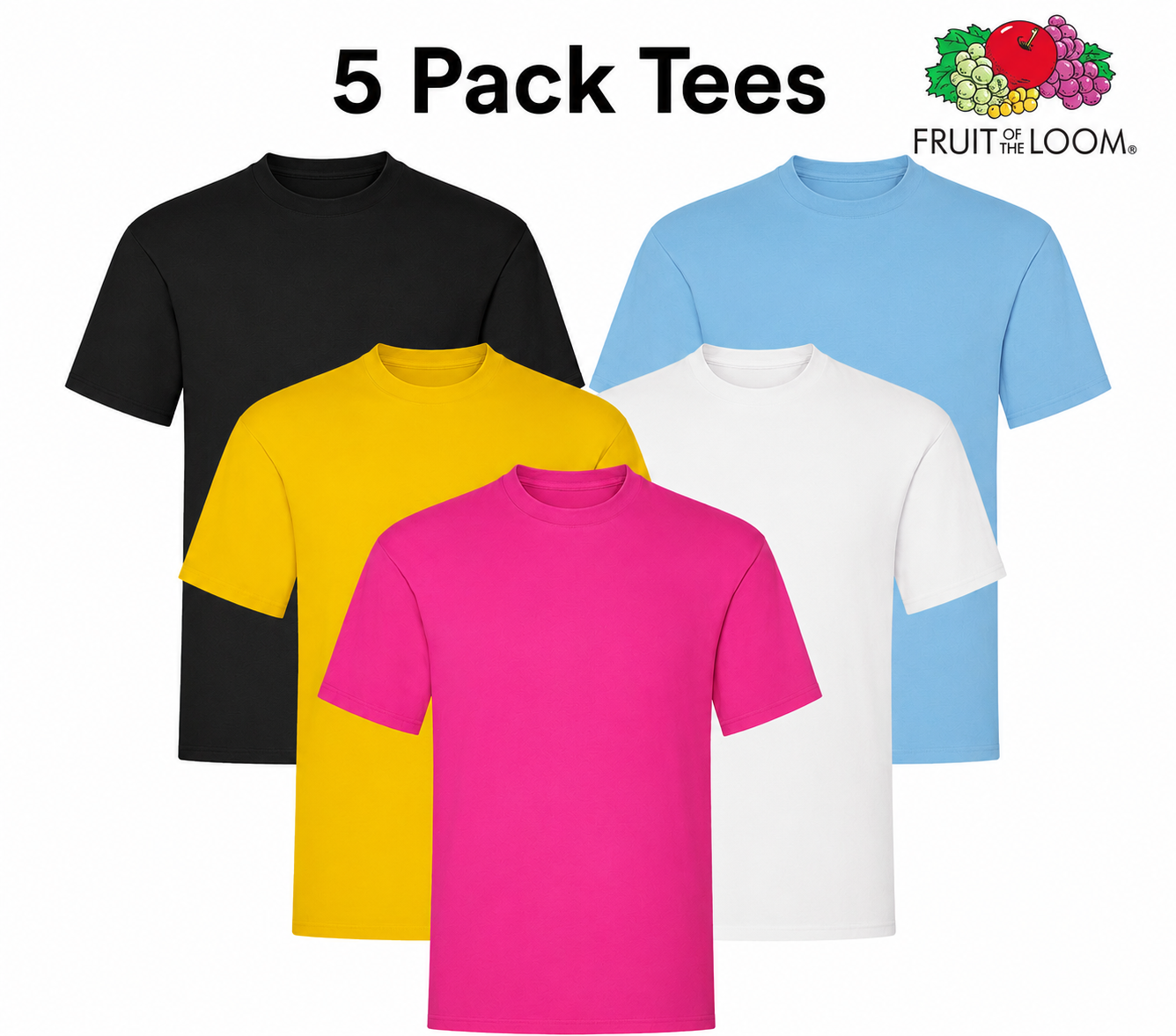 Five colorful t-shirts in black, yellow, pink, white, and blue with Fruit of the Loom logo.