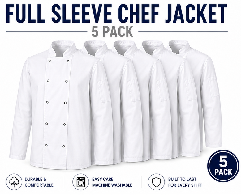 5 Pack Premium White Long Sleeve Chef Jacket – Professional Chef Coat for Restaurants, Catering & Hospitality
