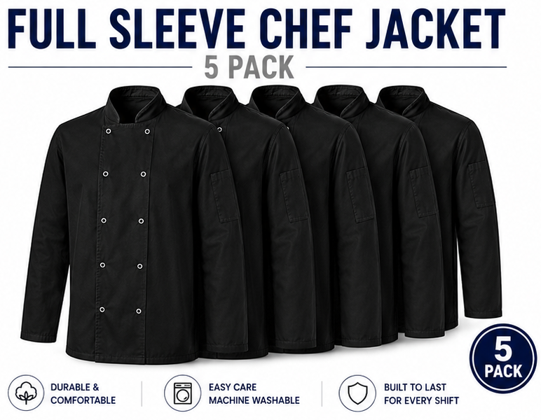 5 Pack Premium Black Long Sleeve Chef Jacket – Professional Chef Coat for Restaurants, Catering & Hospitality