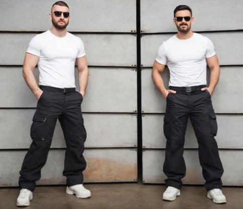 Two identical images of a man wearing a white t-shirt and black cargo pants against a metallic wall.