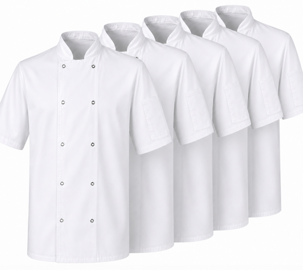 5 Pack Professional white Short Sleeves chef jacket with double-breasted design for restaurant and catering staff