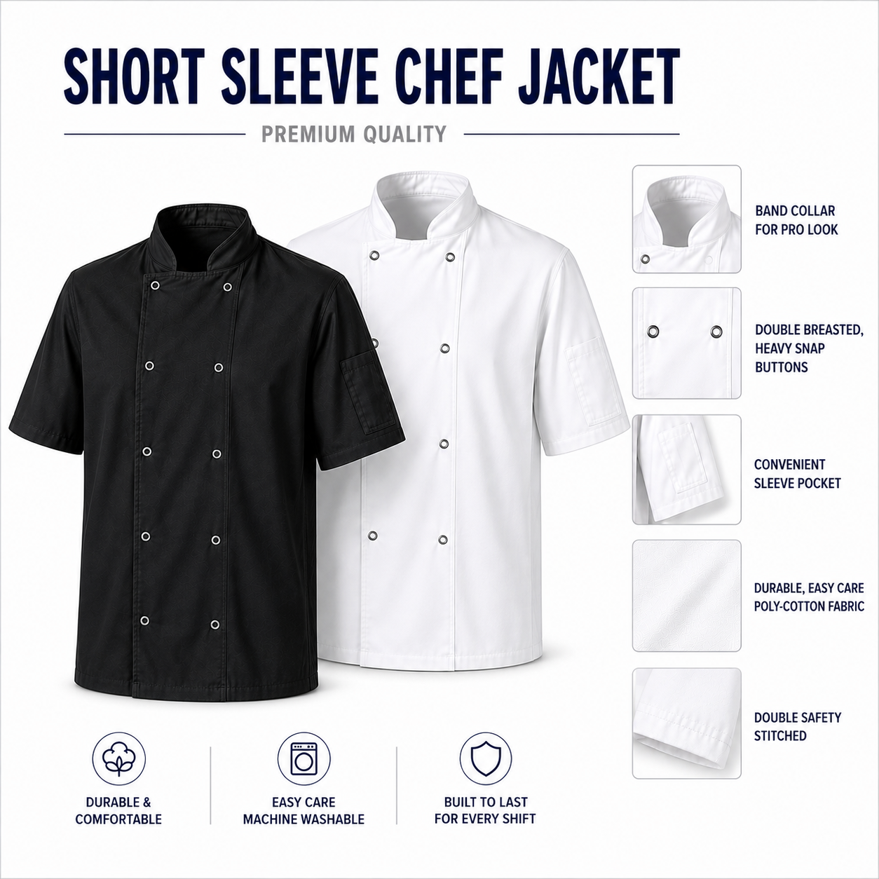 Premium Short Sleeve Chef Jacket – White & Black Professional Chef Coat for Restaurants, Catering & Hospitality