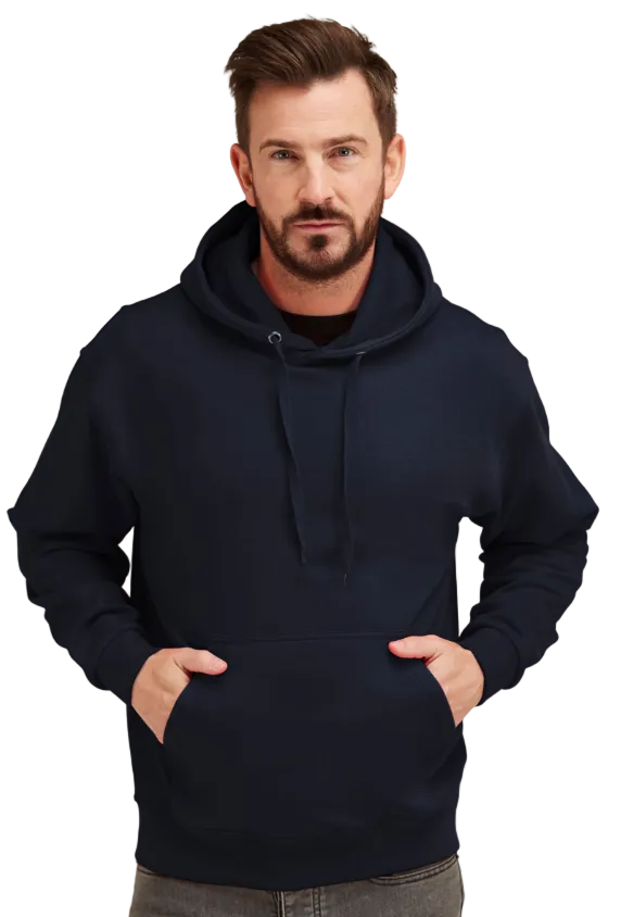 Man wearing a UCC navy blue hoodie against a light gray background
