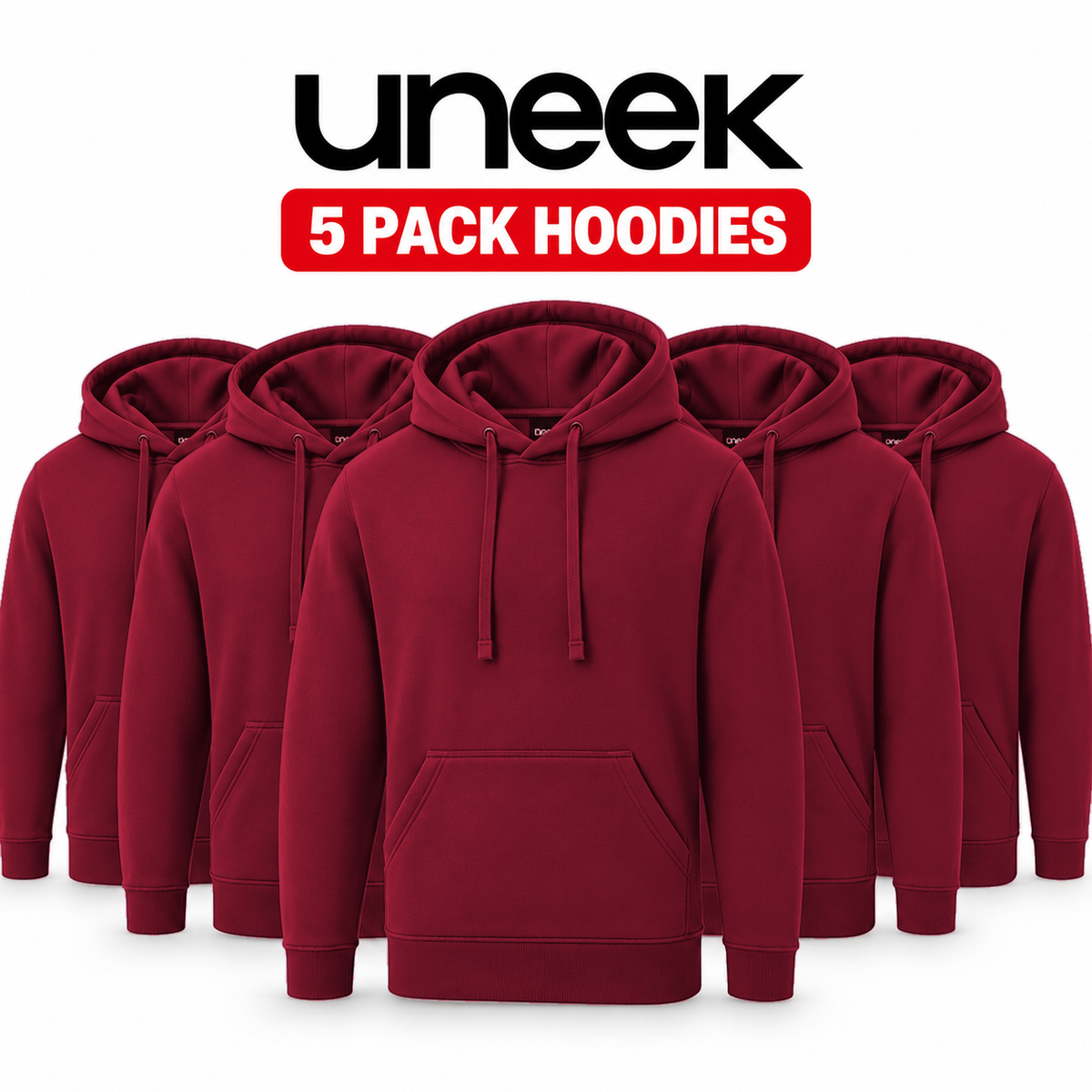 Five maroon hoodies arranged in a row on a white background, with the text 'uneek' and '5 PACK HOODIES' above them.