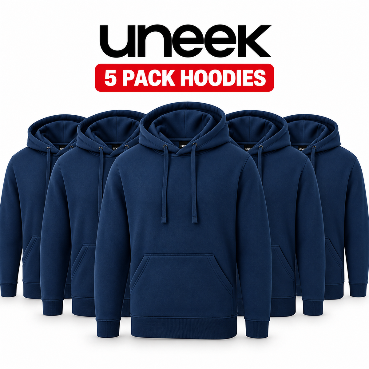 Five navy blue pullover hoodies arranged in a row on a white background, with the text 'uneek' and '5 PACK HOODIES' above them.