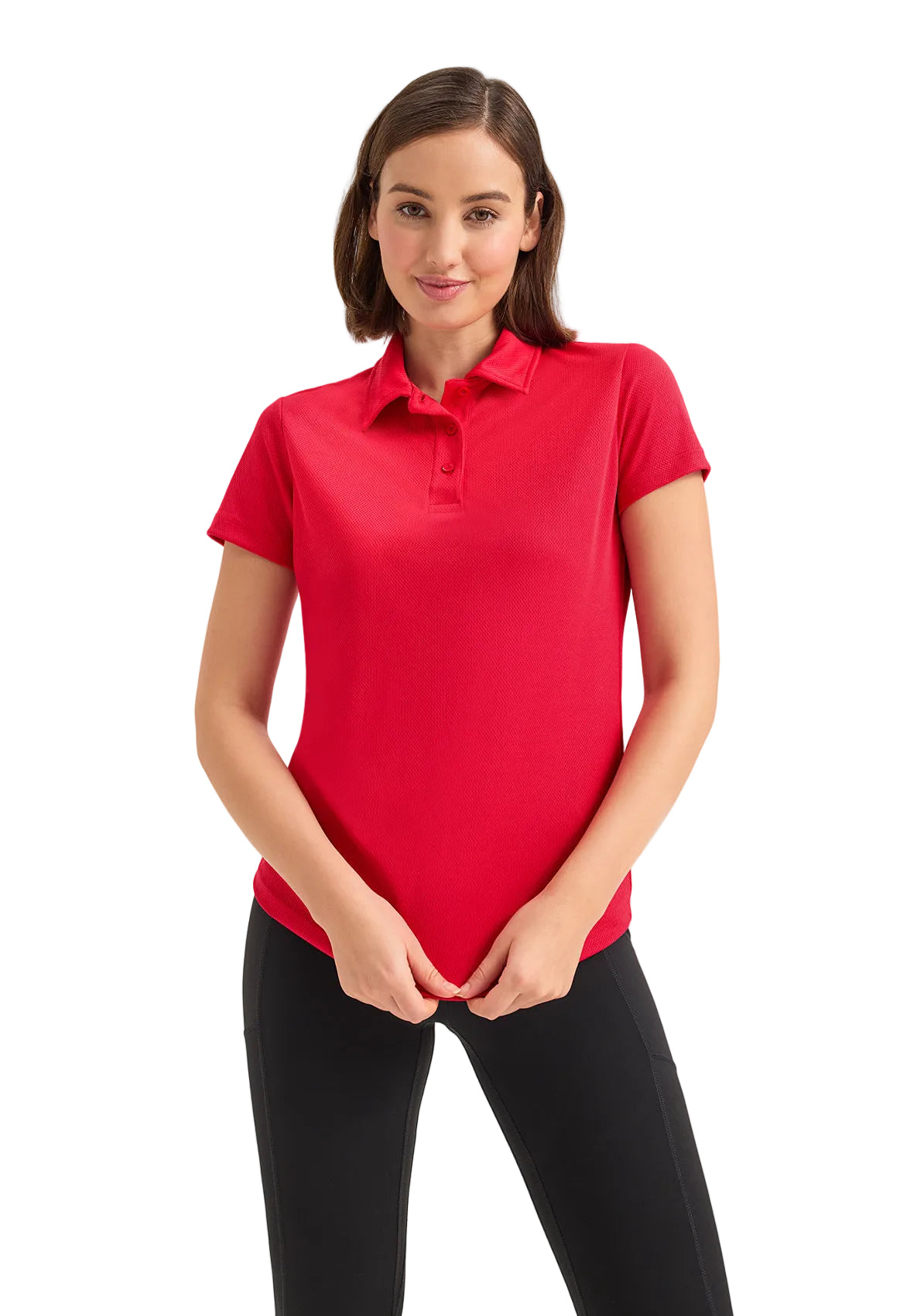 Woman wearing a Uneek UC12 red polo shirt on a white background