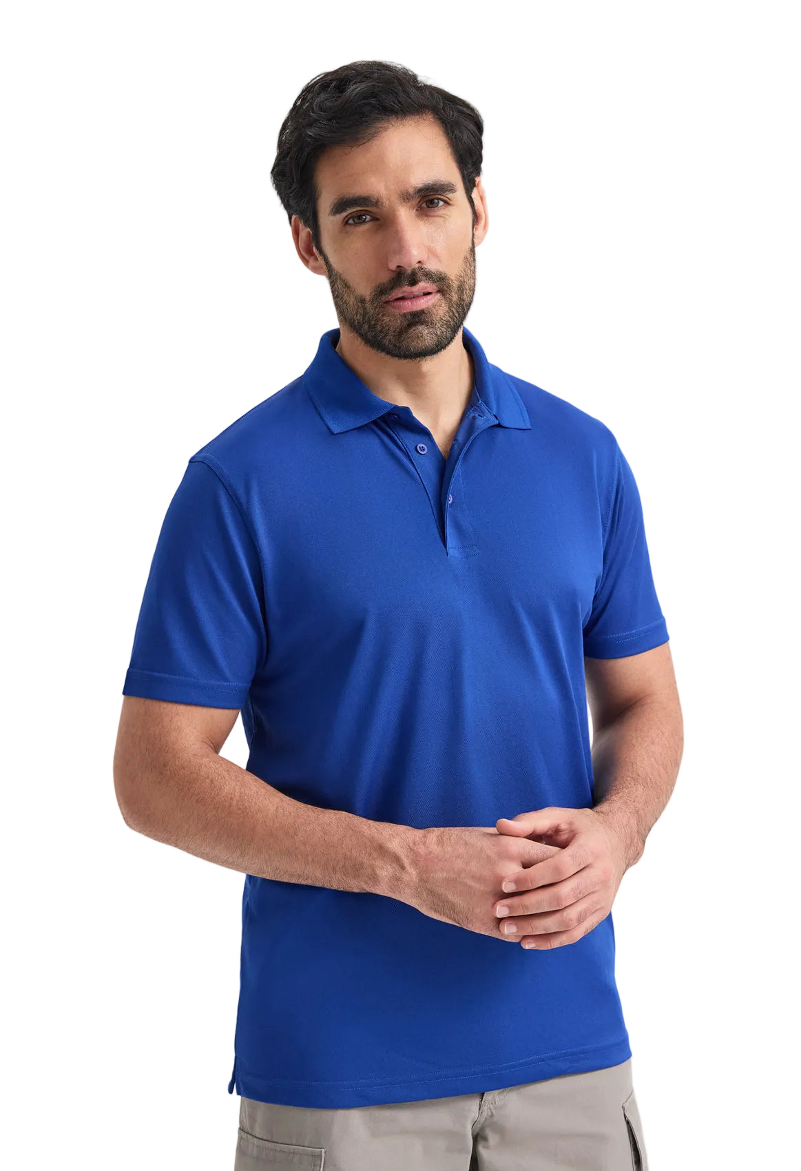 Man wearing a Uneek UC127 blue polo shirt on a white background