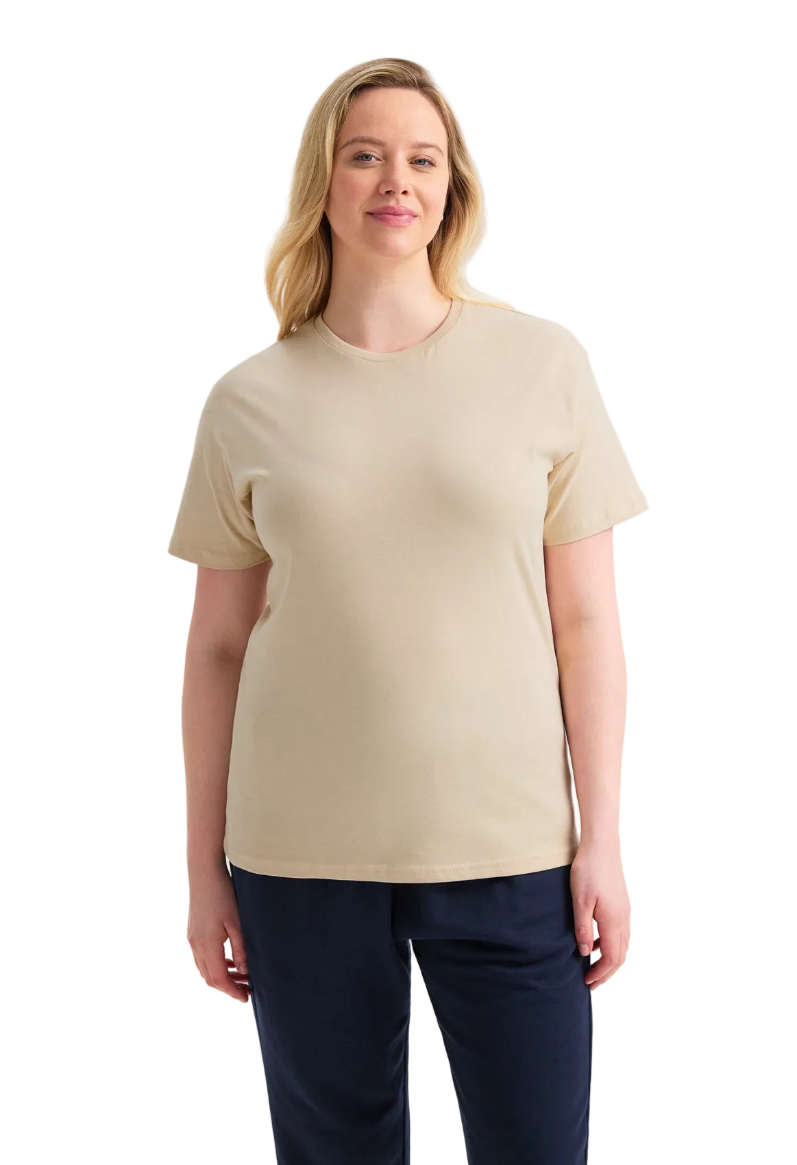 Woman wearing a beige t-shirt and navy pants on a white background