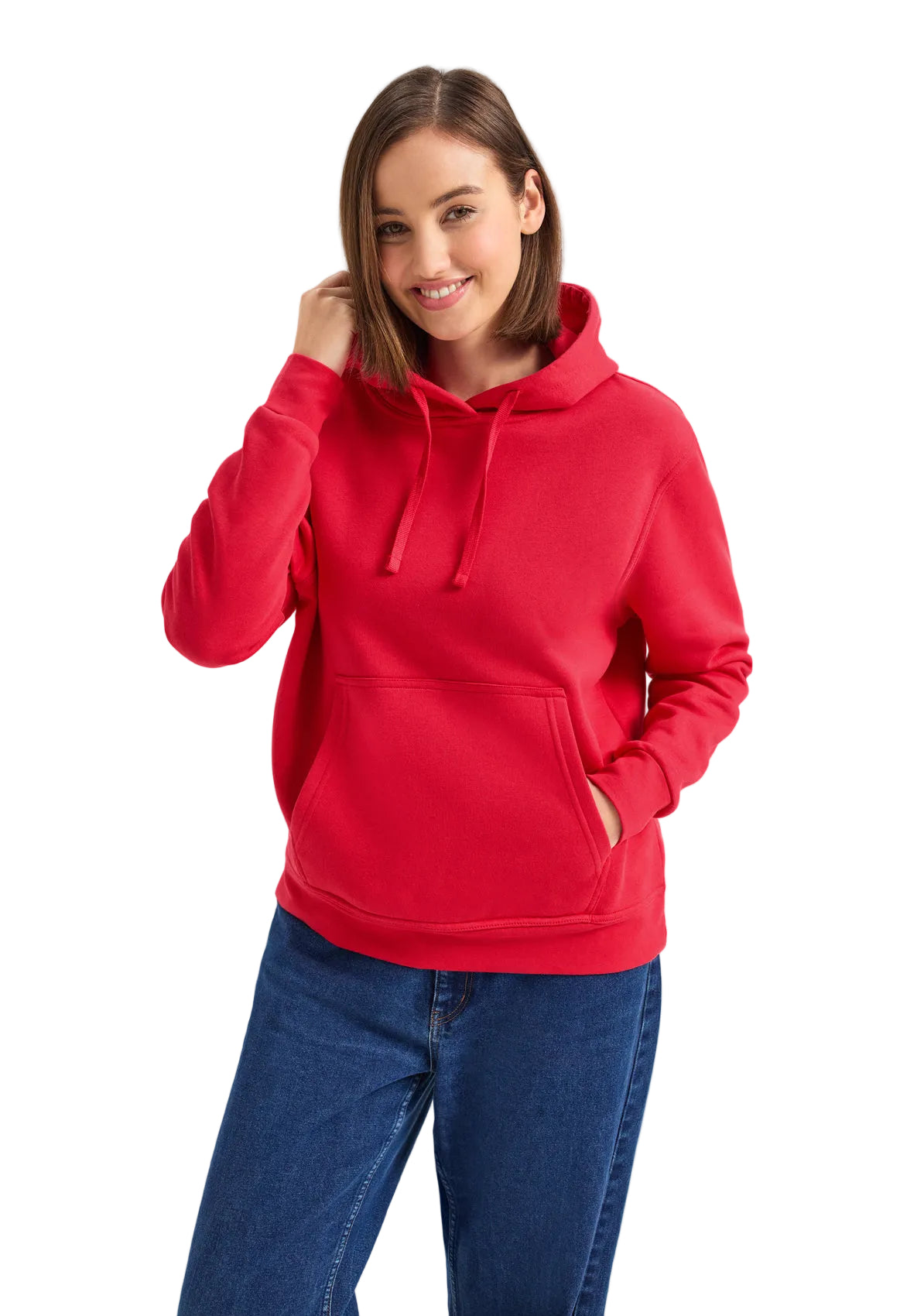 Woman wearing a red hoodie and blue jeans on a white background