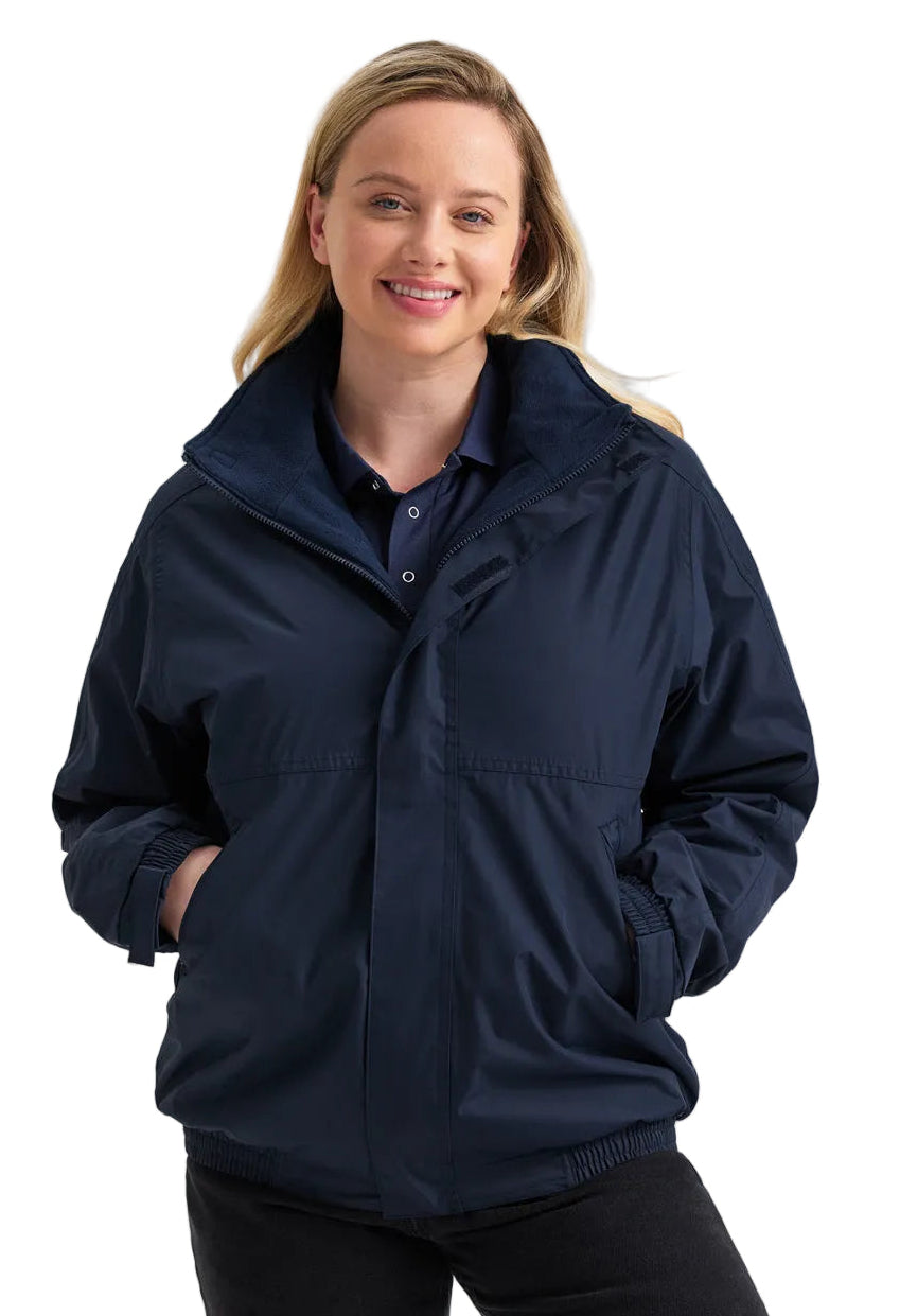 Woman wearing a navy blue jacket on a white background