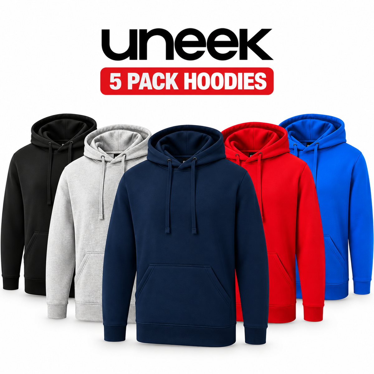 Five hoodies in different colors are shown in a row against a white background, with the text 'uneek' and '5 PACK HOODIES' above them. The hoodies are black, light gray, navy blue, red, and royal blue.