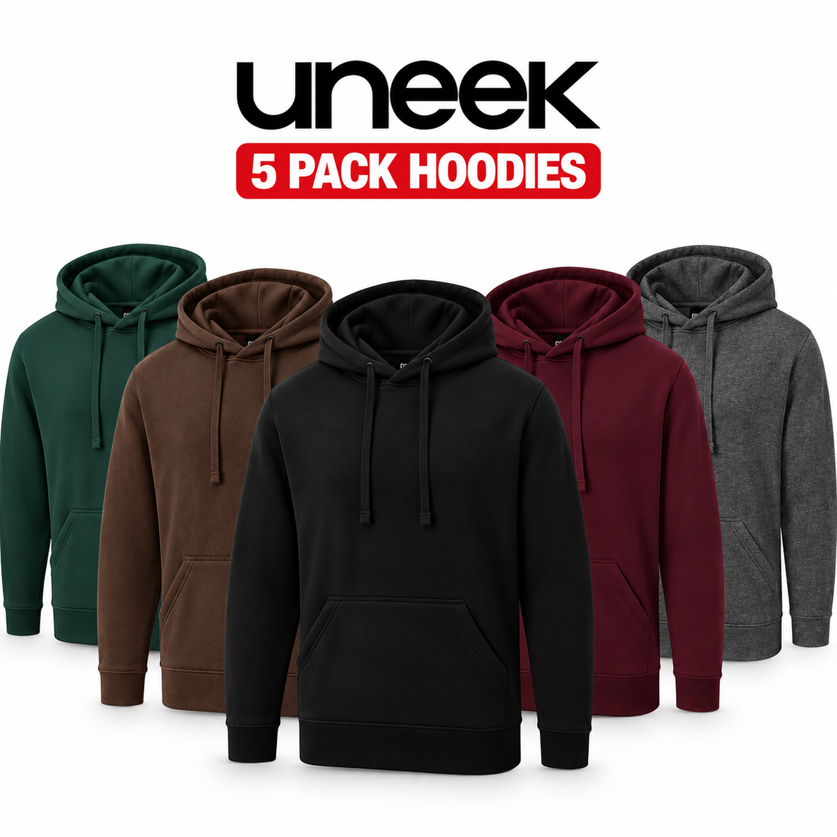 Five hoodies in different colors are displayed against a white background with the 'uneek' brand logo and '5 PACK HOODIES' text at the top. The hoodies are shown in dark green, brown, black, burgundy, and heather gray.
