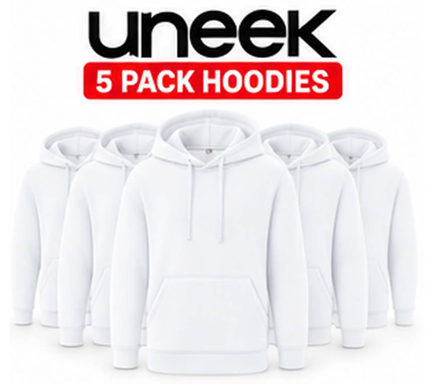 Five plain white pullover hoodies arranged in a row on a white background, with the text 'uneek' and '5 PACK HOODIES' above them.