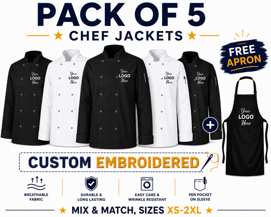 Pack of 5 custom embroidered chef jackets with a free apron on a white background.