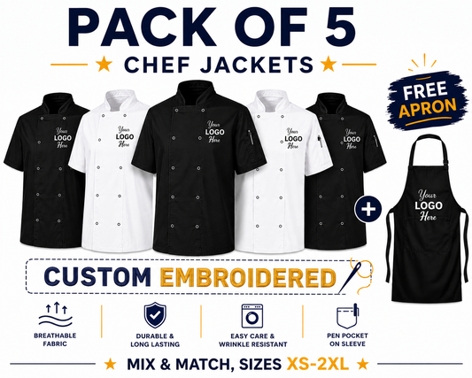 5 pack Custom embroidered short sleeves chef jackets and free apron