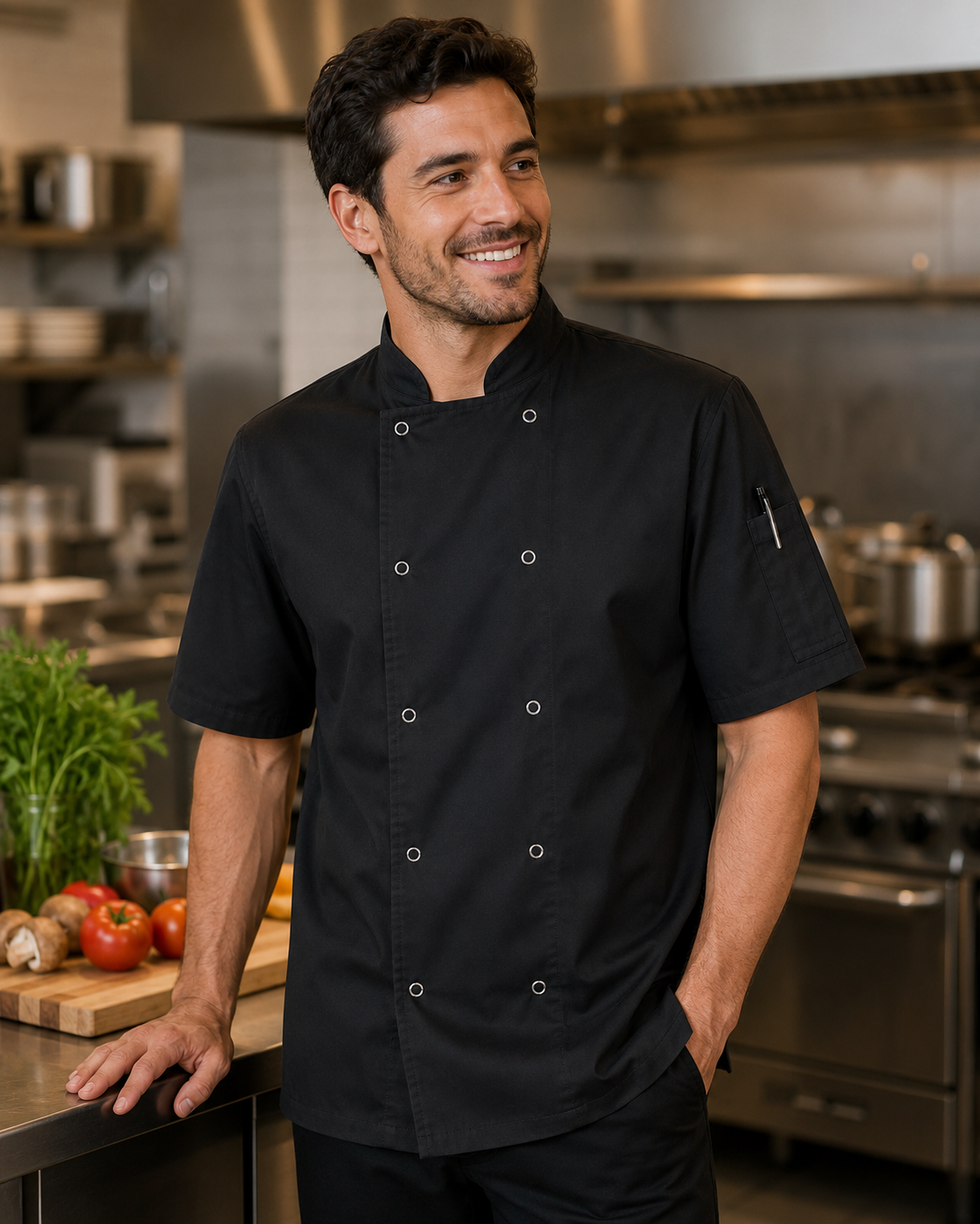 Chef wearing a black chef's coat by ARKWORKWEAR UK