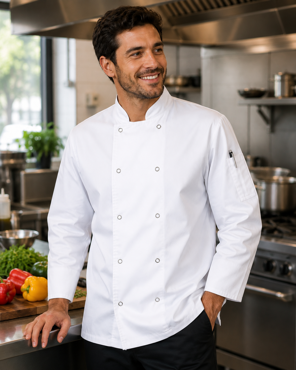Chef in a professional kitchen wearing a white chef's coat by ARKWORKWEAR UK