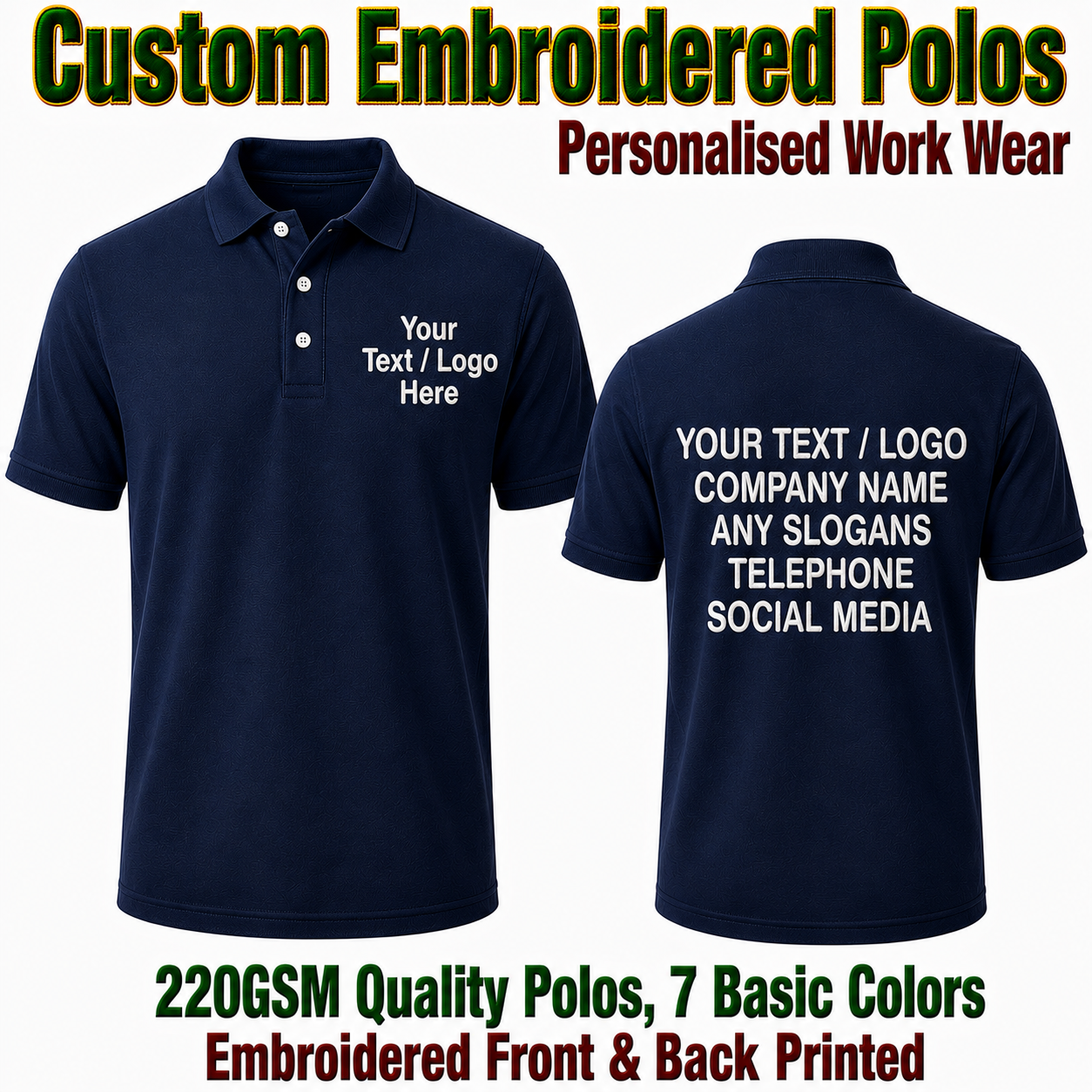 Custom Embroidered Heavy Polo Shirts Text Only