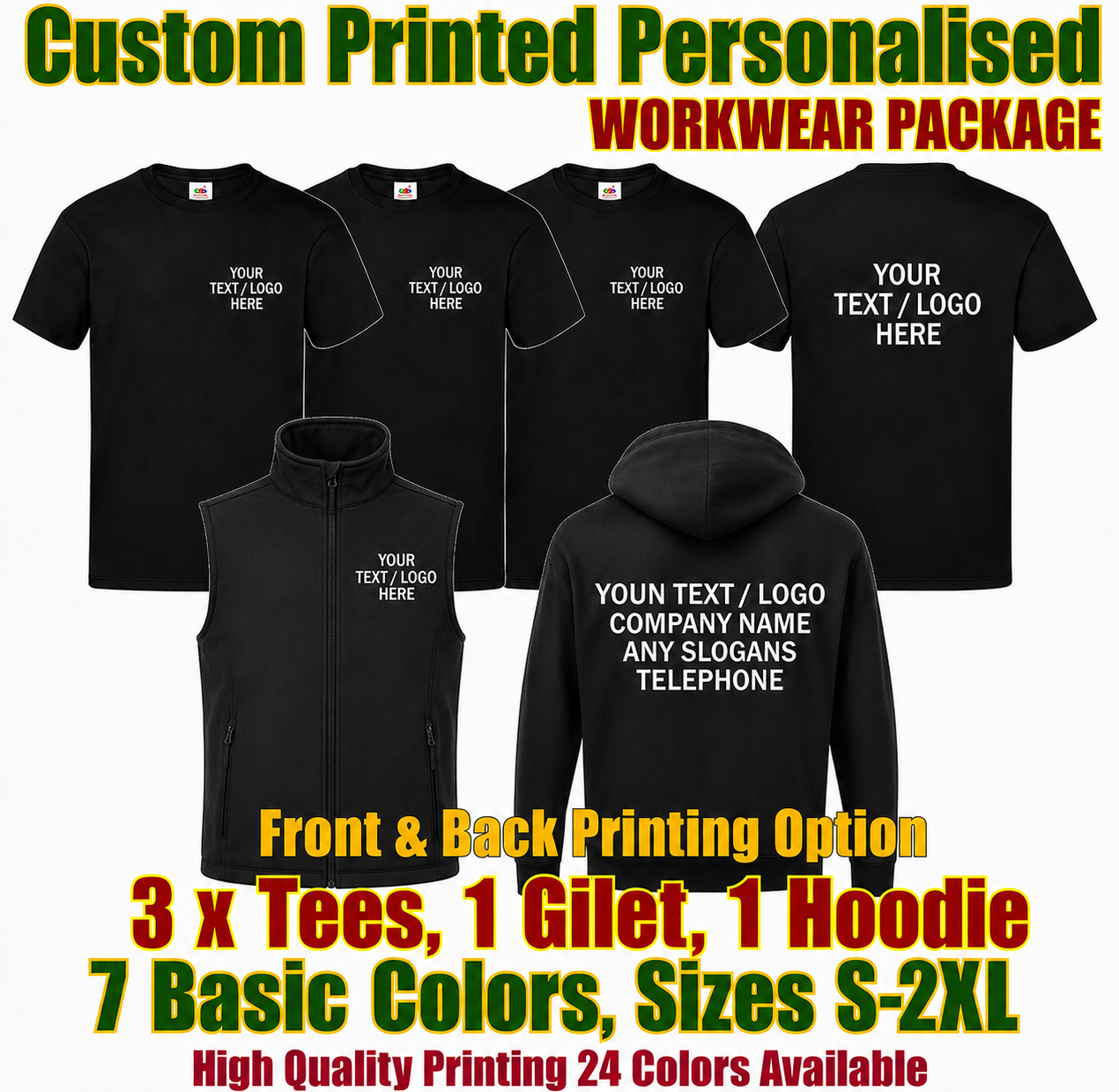 Printed Workwear Tees Bundle 3 t-shirts, 1 hoodie, 1 gilet