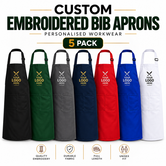 Five-pack of custom embroidered bib aprons in black, green, gray, navy, red, and white, displayed side-by-side with placeholder logo embroidery on a white background with promotional text.