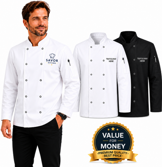 Custom embroidered long sleeves chef jackets in black and white colors