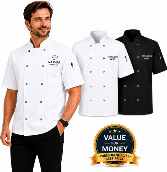 Custom embroidered short sleeves chef jackets in black and white colors