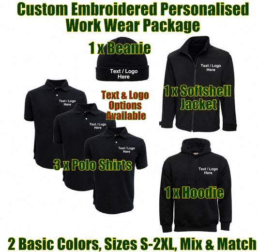 Custom embroidered work wear package with beanie, softshell jacket, polo shirts, and hoodie on a white background.