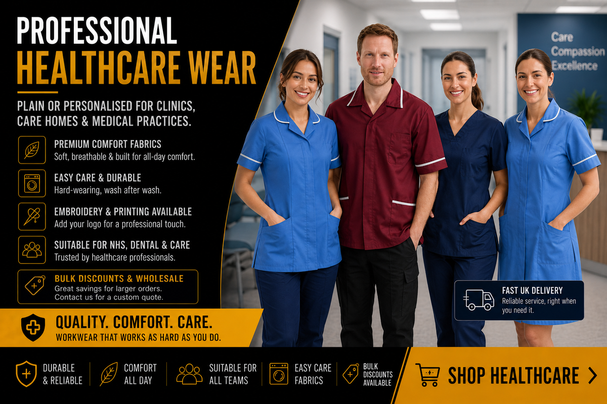 Group of healthcare professionals in uniforms with promotional text about healthcare wear.