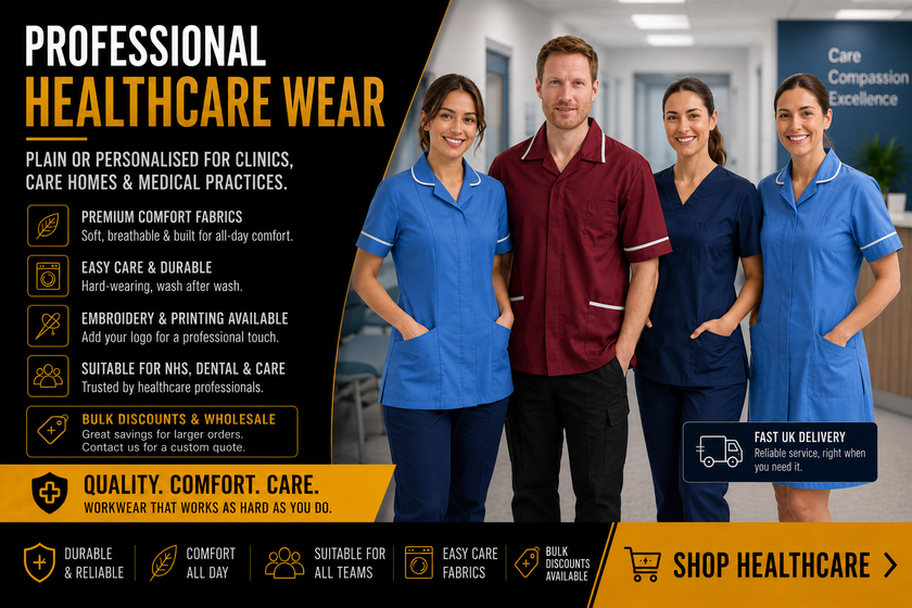Group of healthcare professionals in uniforms with promotional text about healthcare wear.