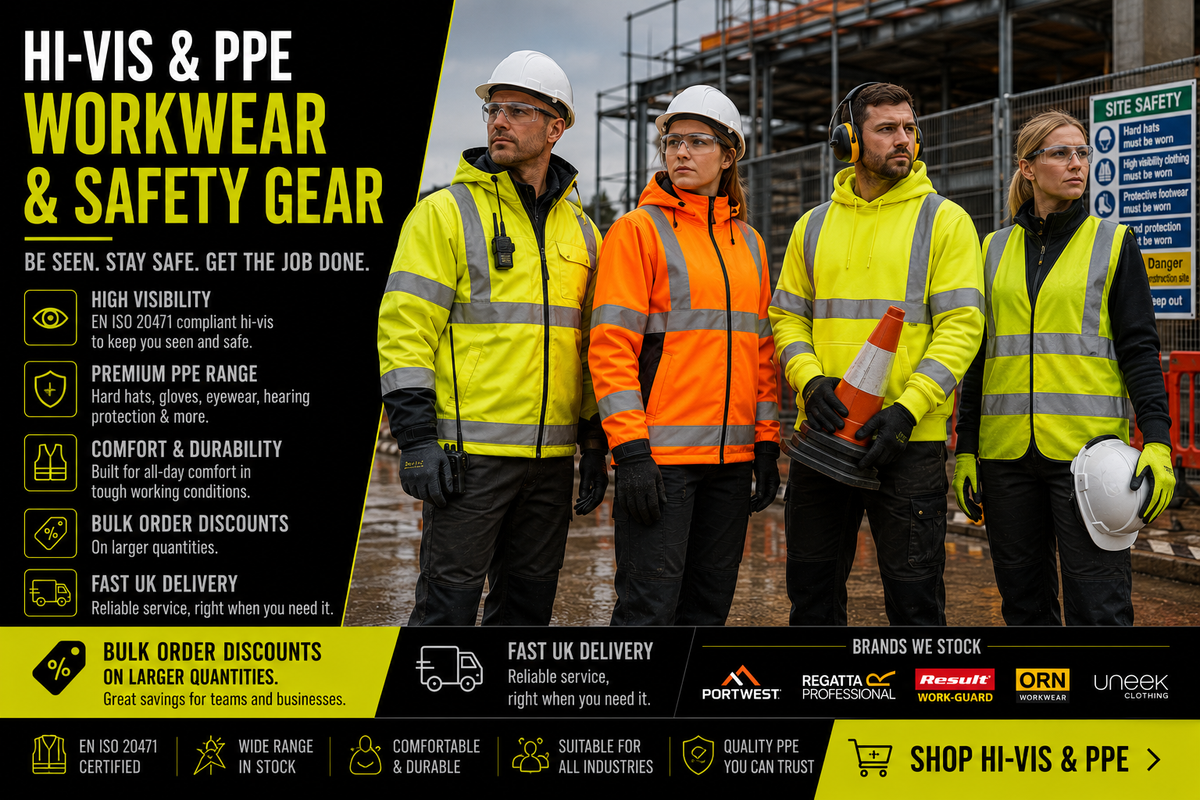 Group of workers in high-visibility safety gear on a construction site with promotional text about safety equipment.