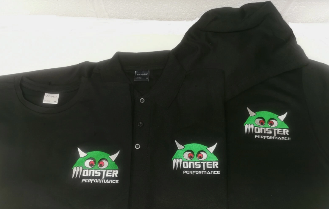 Black jacket & Polos with Monster Performance logos on a white background