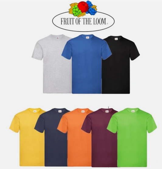 Collection of plain t-shirts in various colors with Fruit of the Loom logo above.