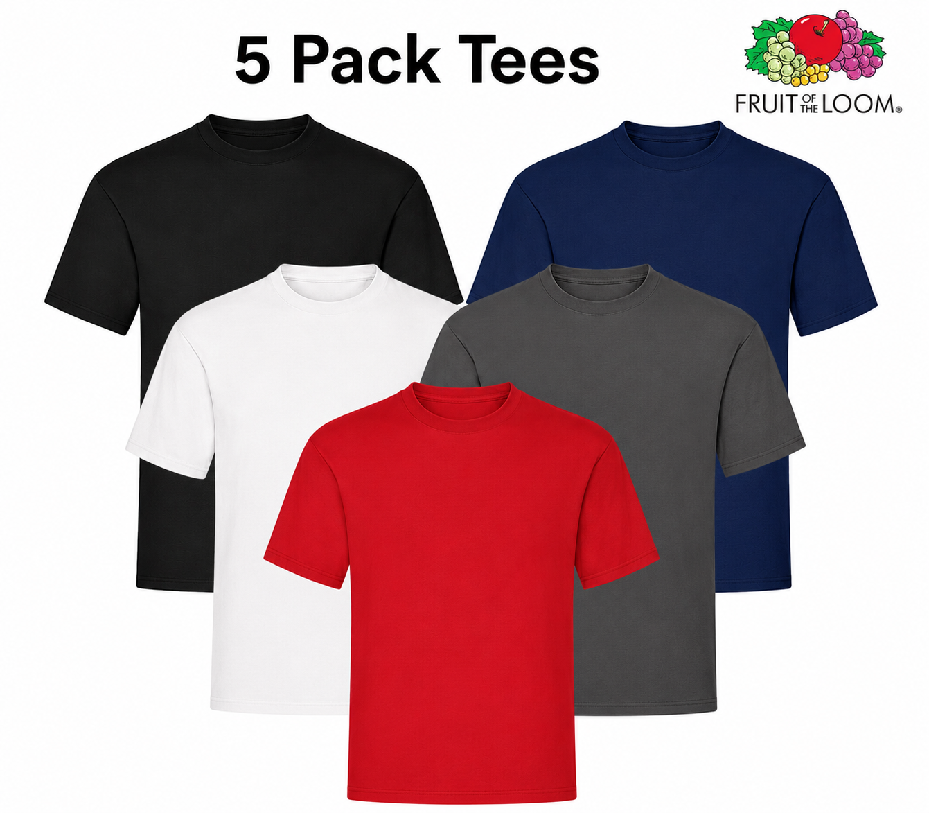 Five pack of plain t-shirts in black, blue, white, red, and gray with Fruit of the Loom logo.