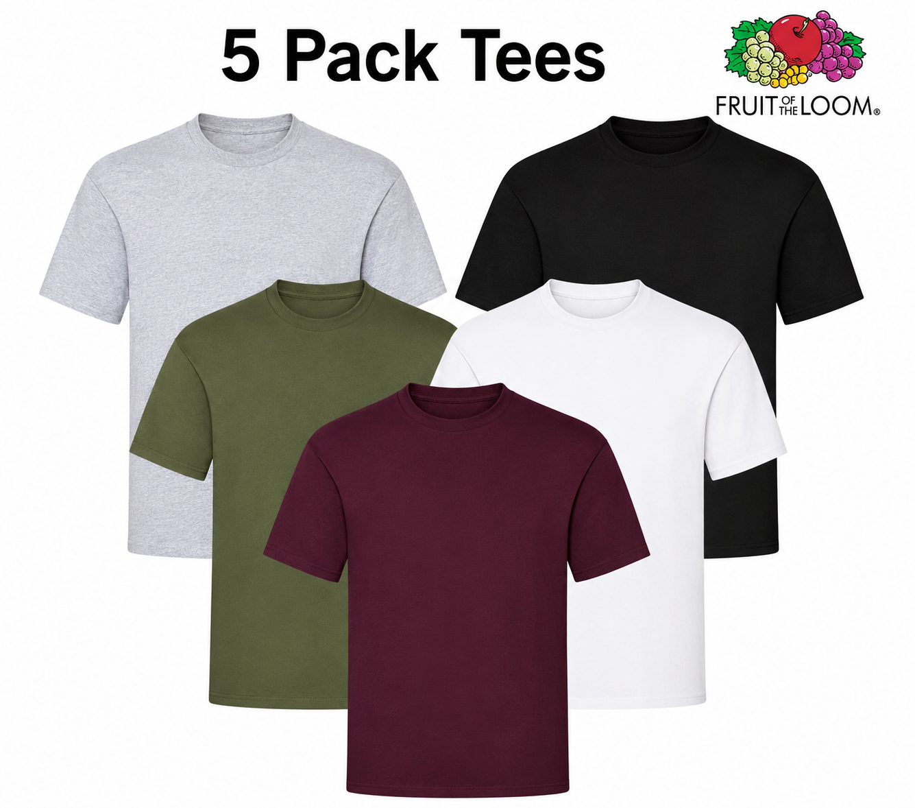 Five-pack of plain t-shirts in various colors with Fruit of the Loom logo.