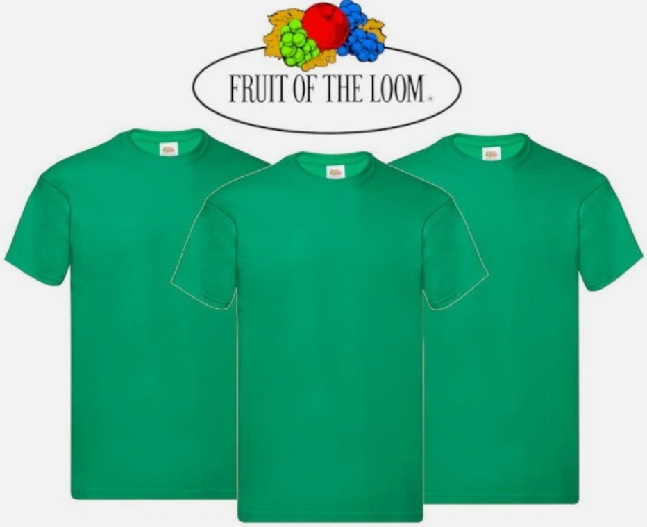 Three green t-shirts with Fruit of the Loom logo above them on a white background.