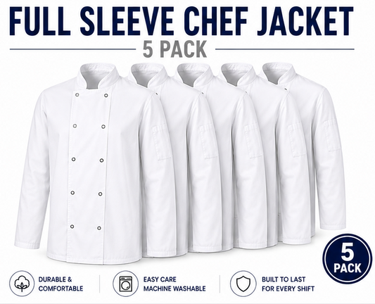 5 Pack Premium White Long Sleeve Chef Jacket – Professional Chef Coat for Restaurants, Catering & Hospitality