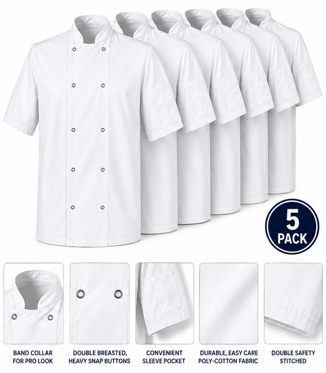 5 Pack Premium White Short Sleeve Chef Jacket – Professional Chef Coat for Restaurants, Catering & Hospitality