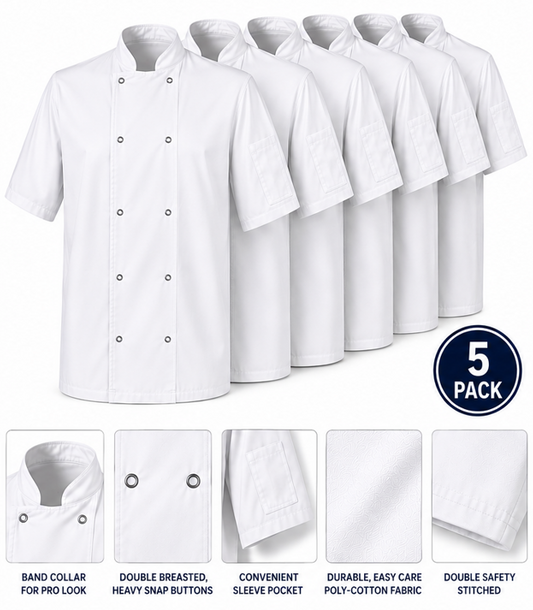 5 Pack Premium White Short Sleeve Chef Jacket – Professional Chef Coat for Restaurants, Catering & Hospitality