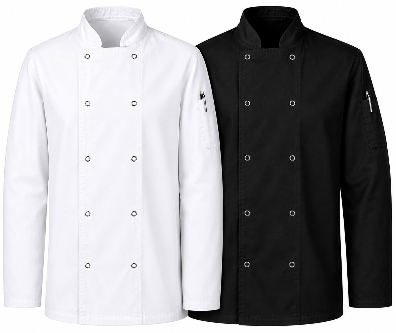 Professional Black / white long sleeve chef jacket for restaurant kitchens