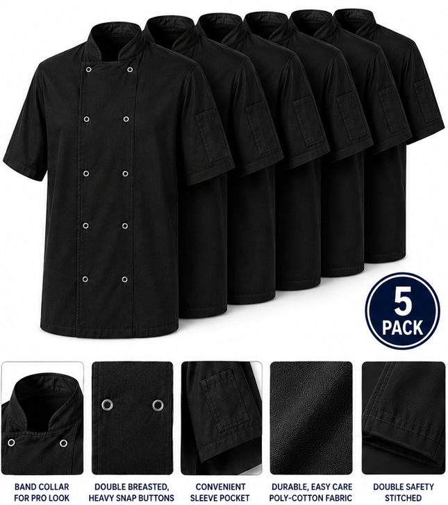 5 Pack Premium Black Short Sleeve Chef Jacket – Professional Chef Coat for Restaurants, Catering & Hospitality